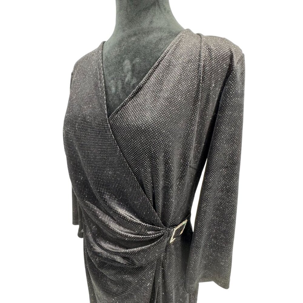 Anne Klein‎ Womens Velvet Midi Dress Black Size 10 Ruched Party Evening Glitter